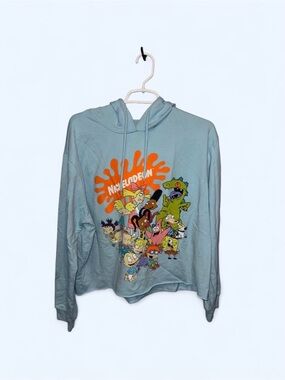 Nickelodeon Dusty Blue Hoodie with Orange Splat and Cartoon Collage